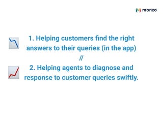 1. Helping customers ﬁnd the right
answers to their queries (in the app)
//
2. Helping agents to diagnose and
response to customer queries swiftly.
 