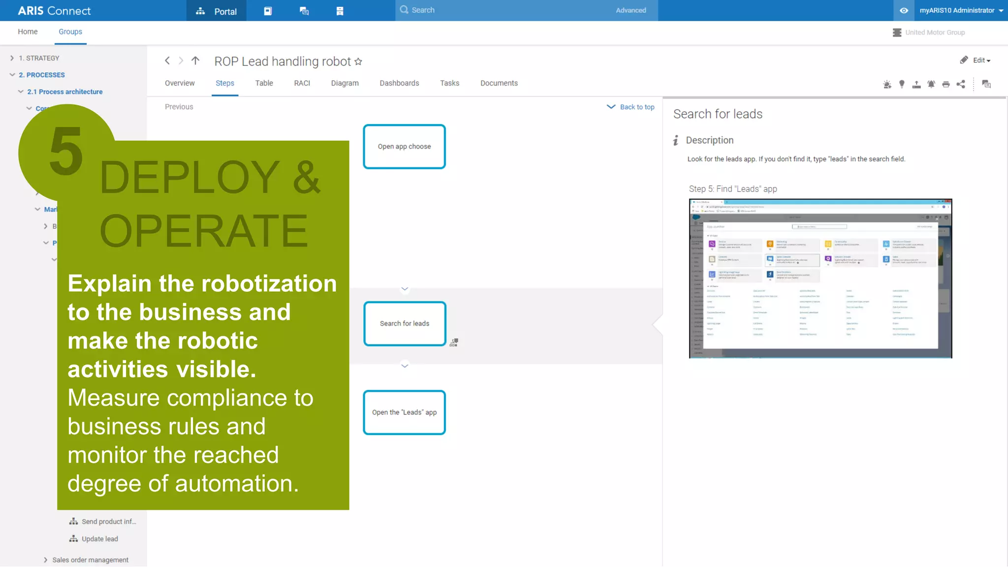 16 | © 2020 Software AG. All rights reserved. For internal use only
Explain the robotization
to the business and
make the robotic
activities visible.
Measure compliance to
business rules and
monitor the reached
degree of automation.
5 DEPLOY &
OPERATE
 