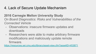 4. Lack of Secure Update Mechanism
2016 Carnegie Mellon University Study
On Board Diagnostics: Risks and Vulnerabilities of the
Connected Vehicle
- Observations: insecure firmware updates and
downloads
- Researchers were able to make arbitrary firmware
modifications and maliciously update remote
firmware.
https://resources.sei.cmu.edu/library/asset-view.cfm?assetID=453871
 