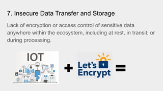 7. Insecure Data Transfer and Storage
Lack of encryption or access control of sensitive data
anywhere within the ecosystem, including at rest, in transit, or
during processing.
��
 