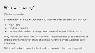 What went wrong?
(Double Jeopardy)
6. Insufficient Privacy Protection & 7. Insecure Data Transfer and Storage
● No HTTPS
● No disk encryption
● Location data and name being stored server-side potentially an issue
Why? Maybe unfamiliar with Let’s Encrypt. Possibly holding on to old notions of
crypto performance (even cheap chips have hardware crypto support to some
extent now).
Didn’t realize the scope or implications from newer/stricter privacy legislation.
 
