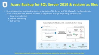 Azure Backup for SQL Server 2019 & restore as files
• Zero-infrastructure solution that protects standalone SQL Server and SQL AlwaysOn configurations in
Azure Virtual Machine without the need to deploy and manage any backup infrastructure.
• Long-term retention
• Central monitoring
• Self-service
https://azure.microsoft.com/en-au/blog/azure-backup-support-for-sql-server-2019-and-restore-as-files/
 