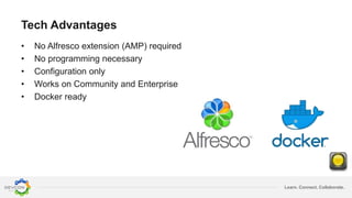 Learn. Connect. Collaborate.
Tech Advantages
• No Alfresco extension (AMP) required
• No programming necessary
• Configuration only
• Works on Community and Enterprise
• Docker ready
 