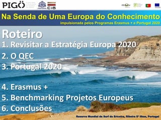 Na Senda de Uma Europa do Conhecimento
impulsionada pelos Programas Erasmus + e Portugal 2020
1. Revisitar a Estratégia Europa 2020
2. O QEC
3. Portugal 2020
4. Erasmus +
5. Benchmarking Projetos Europeus
6. Conclusões
Roteiro
Reserva Mundial de Surf da Ericeira, Ribeira D’ Ilhas, Portugal
 