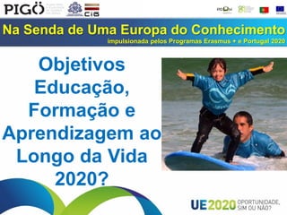 Na Senda de Uma Europa do Conhecimento
impulsionada pelos Programas Erasmus + e Portugal 2020
Objetivos
Educação,
Formação e
Aprendizagem ao
Longo da Vida
2020?
 