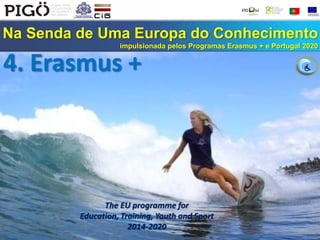 Na Senda de Uma Europa do Conhecimento
impulsionada pelos Programas Erasmus + e Portugal 2020
4. Erasmus +
The EU programme for
Education, Training, Youth and Sport
2014-2020
 