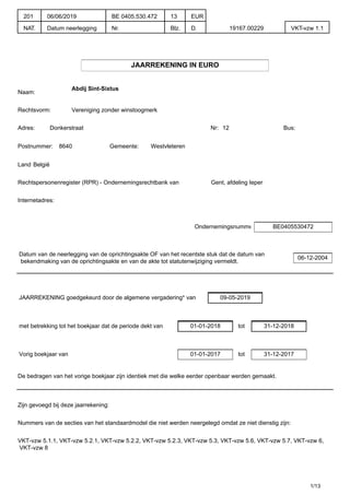 JAARREKENING IN EURO
Naam:
Abdij Sint-Sixtus
Rechtsvorm: Vereniging zonder winstoogmerk
Adres: Donkerstraat Nr: 12 Bus:
Postnummer: 8640 Gemeente: Westvleteren
Land:België
Rechtspersonenregister (RPR) - Ondernemingsrechtbank van Gent, afdeling Ieper
Internetadres:
Ondernemingsnummer BE0405530472
Datum van de neerlegging van de oprichtingsakte OF van het recentste stuk dat de datum van
bekendmaking van de oprichtingsakte en van de akte tot statutenwijziging vermeldt.
06-12-2004
JAARREKENING goedgekeurd door de algemene vergadering* van 09-05-2019
met betrekking tot het boekjaar dat de periode dekt van 01-01-2018 tot 31-12-2018
Vorig boekjaar van 01-01-2017 tot 31-12-2017
De bedragen van het vorige boekjaar zijn identiek met die welke eerder openbaar werden gemaakt.
Zijn gevoegd bij deze jaarrekening:
Nummers van de secties van het standaardmodel die niet werden neergelegd omdat ze niet dienstig zijn:
VKT-vzw 5.1.1, VKT-vzw 5.2.1, VKT-vzw 5.2.2, VKT-vzw 5.2.3, VKT-vzw 5.3, VKT-vzw 5.6, VKT-vzw 5.7, VKT-vzw 6,
VKT-vzw 8
1/13
201
NAT.
06/06/2019
Datum neerlegging
BE 0405.530.472
Nr.
13
Blz.
EUR
D. 19167.00229 VKT-vzw 1.1
 