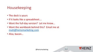 @heinzmarketing
Housekeeping
• The deck is yours
• If it looks like a spreadsheet….
• Want the full-day version? Let me know…
• Want the workbook behind this? Email me at
matt@heinzmarketing.com
• Also, bacon…
 