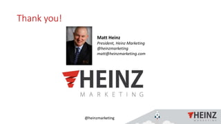 @heinzmarketing
Thank you!
Matt Heinz
President, Heinz Marketing
@heinzmarketing
matt@heinzmarketing.com
 