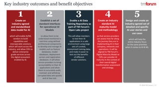 © 2018 TM Forum | 17
Key industry outcomes and benefit objectives
1 2 3 4 5
Create an
industry-agreed
and standardized
data model for AI
which will enable AI/ML
vendors to build
capabilities and
interoperable solutions
which will work across the
industry, and allow CSPs to
deliver enterprise
grade-services across
the digital ecosystem
enabled by AI.
Establish a set of
standard interfaces
for operational AI
Models
to allow them to be
understood monitored in
real-time using defined
architectural components
to develop and manage AI
models such as feature
databases, model
databases, deployment
servers and registration
databases. It will allow
service providers to bring
accountability to their AI
applications and allow
them to accurately audit,
maintain and withdraw
corrupted data sets quickly
and at low cost.
Enable a AI Data
Training Repository as
part of TM Forum’s
Open Labs project
This will allow members
to test their AI
applications in a safe
environment using large
sets of curated,
anonymized training data,
and make it easier to
test out the benefits
of different
vendor solutions.
Create an industry
standard AI
maturity model
and methodology
so that service providers
can assess how far along
the journey they are in
implementing AI in their
company, networks and
operations. It will be
aligned to TM Forum’s
Digital Maturity Model so
CSPs can consider AI
maturity in the context of
their overall digital
transformation assessment
and strategy.
Design and create an
industry-agreed set of
detailed and specific
AI user stories and
use cases
which will help the
entire industry focus
on the same priorities
when it comes to AI & ML.
 