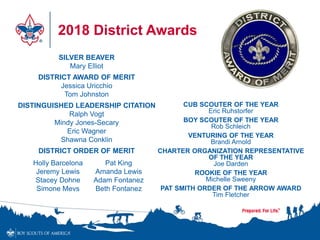 2018 District Awards
SILVER BEAVER
Mary Elliot
DISTRICT AWARD OF MERIT
Jessica Uricchio
Tom Johnston
DISTINGUISHED LEADERSHIP CITATION
Ralph Vogt
Mindy Jones-Secary
Eric Wagner
Shawna Conklin
DISTRICT ORDER OF MERIT
CUB SCOUTER OF THE YEAR
Eric Ruhstorfer
BOY SCOUTER OF THE YEAR
Rob Schleich
VENTURING OF THE YEAR
Brandi Arnold
CHARTER ORGANIZATION REPRESENTATIVE
OF THE YEAR
Joe Darden
ROOKIE OF THE YEAR
Michelle Sweeny
PAT SMITH ORDER OF THE ARROW AWARD
Tim Fletcher
Holly Barcelona
Jeremy Lewis
Stacey Dohne
Simone Mevs
Pat King
Amanda Lewis
Adam Fontanez
Beth Fontanez
 