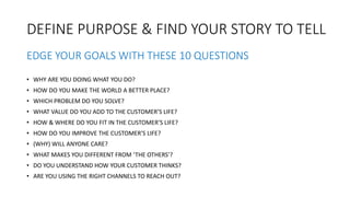 DEFINE PURPOSE & FIND YOUR STORY TO TELL
• WHY ARE YOU DOING WHAT YOU DO?
• HOW DO YOU MAKE THE WORLD A BETTER PLACE?
• WHICH PROBLEM DO YOU SOLVE?
• WHAT VALUE DO YOU ADD TO THE CUSTOMER’S LIFE?
• HOW & WHERE DO YOU FIT IN THE CUSTOMER’S LIFE?
• HOW DO YOU IMPROVE THE CUSTOMER’S LIFE?
• (WHY) WILL ANYONE CARE?
• WHAT MAKES YOU DIFFERENT FROM ‘THE OTHERS’?
• DO YOU UNDERSTAND HOW YOUR CUSTOMER THINKS?
• ARE YOU USING THE RIGHT CHANNELS TO REACH OUT?
EDGE YOUR GOALS WITH THESE 10 QUESTIONS
 