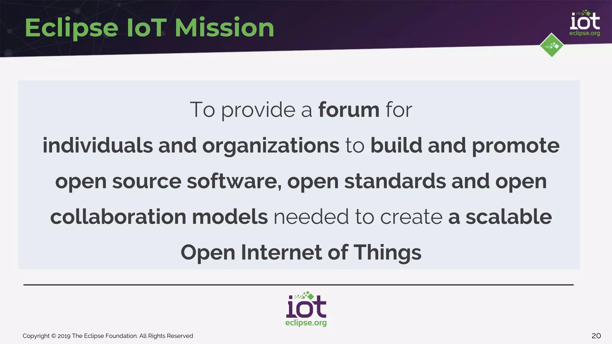 Copyright © 2019 The Eclipse Foundation. All Rights Reserved
Eclipse IoT Mission
20
To provide a forum for
individuals and organizations to build and promote
open source software, open standards and open
collaboration models needed to create a scalable
Open Internet of Things
 