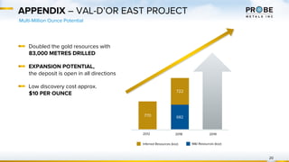 APPENDIX – VAL-D’OR EAST PROJECT
Multi-Million Ounce Potential
682770
722
2012 2018 2019
M&I Resources (koz)Inferred Resources (koz)
Doubled the gold resources with
83,000 METRES DRILLED
EXPANSION POTENTIAL,
the deposit is open in all directions
Low discovery cost approx.
$10 PER OUNCE
20
 