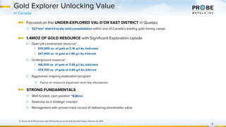 Gold Explorer Unlocking Value
Focused on the UNDER-EXPLORED VAL-D’OR EAST DISTRICT in Quebec
▷ 327 km2 district-scale land consolidation within one of Canada's leading gold mining camps
1.4MOZ OF GOLD RESOURCE with Significant Exploration Upside
▷ Open pit-constrained resource1
• 535,900 oz. of gold at 2.16 g/t Au Indicated
• 247,400 oz. of gold at 1.46 g/t Au Inferred
▷ Underground resource1
• 146,500 oz. of gold at 3.44 g/t Au Indicated
• 474,700 oz. of gold at 3.65 g/t Au Inferred
▷ Aggressive ongoing exploration program
▷ Focus on resource expansion and new discoveries
STRONG FUNDAMENTALS
▷ Well-funded, cash position ~$28mm
▷ Goldcorp as a strategic investor
▷ Management with proven track record of delivering shareholder value
(1) Source: NI 43-101 technical report Mineral Resources Val-d’Or East Gold Project, February 20, 2018
in Canada
3
 