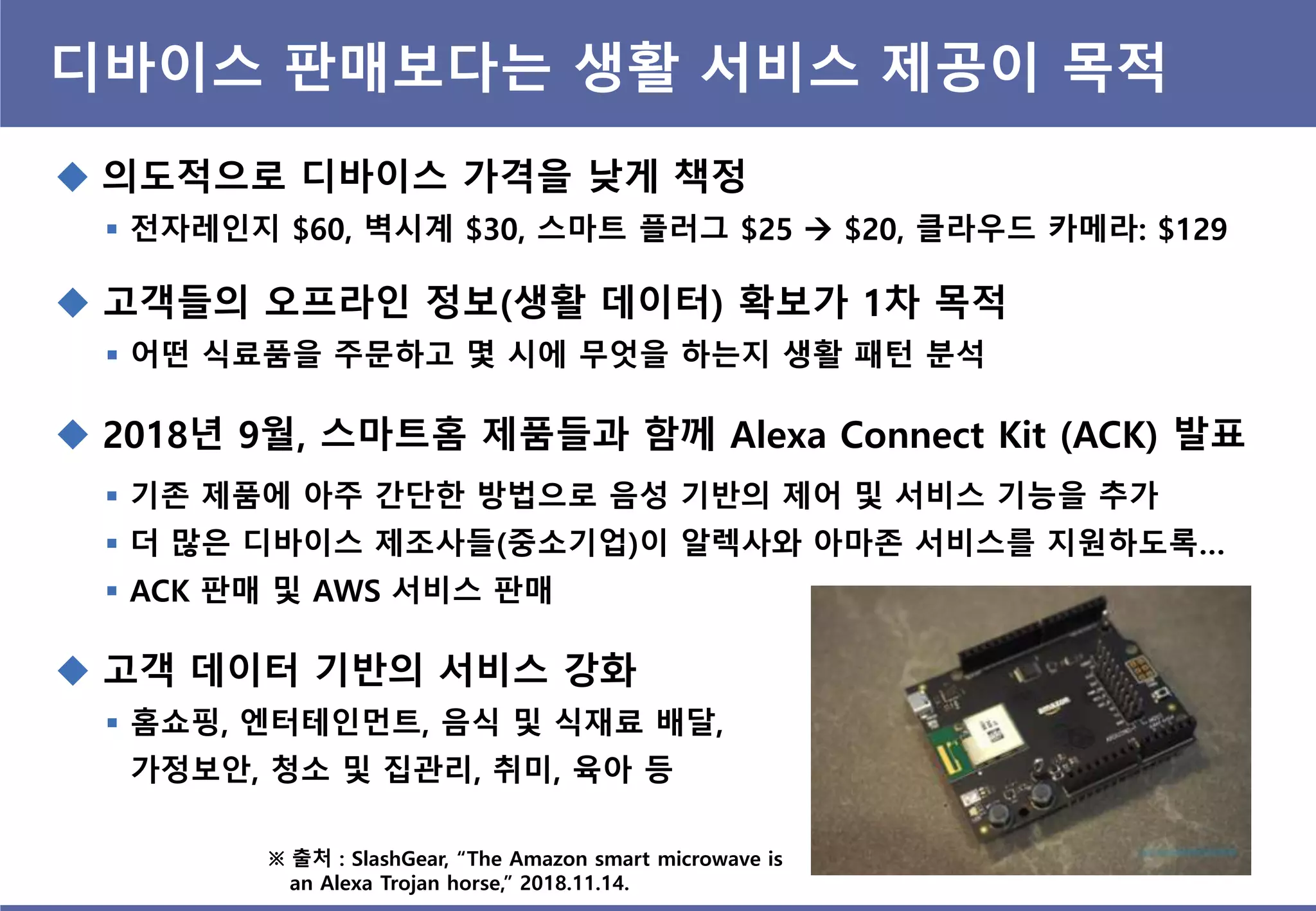 디바이스 판매보다는 생홗 서비스 제공이 목적
 의도적으로 디바이스 가격을 낮게 책정
 2018년 9월, 스마트홈 제품들과 함께 Alexa Connect Kit (ACK) 발표
 전자레인지 $60, 벽시계 $30, 스마트 플러그 $25  $20, 클라우드 카메라: $129
 기졲 제품에 아주 갂단핚 방법으로 음성 기반의 제어 및 서비스 기능을 추가
 더 맋은 디바이스 제조사들(중소기업)이 알렉사와 아마졲 서비스를 지원하도록…
 ACK 판매 및 AWS 서비스 판매
 고객들의 오프라인 정보(생홗 데이터) 확보가 1차 목적
 어떤 식료품을 주문하고 몇 시에 무엇을 하는지 생홗 패턴 분석
 고객 데이터 기반의 서비스 강화
 홈쇼핑, 엔터테인먼트, 음식 및 식재료 배달,
가정보안, 청소 및 집관리, 취미, 육아 등
※ 출처 : SlashGear, “The Amazon smart microwave is
an Alexa Trojan horse,” 2018.11.14.
 