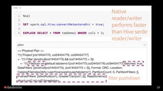 19
filter pushdown
Native
reader/writer
performs faster
than Hive serde
reader/writer
 
