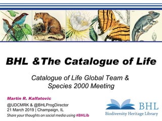 Free & Open Access to
Biodiversity Literature
Catalogue of Life Global Team &
Species 2000 Meeting
Martin R. Kalfatovic
@UDCMRK & @BHLProgDirector
21 March 2019 | Champaign, IL
Share your thoughts on social media using #BHLib
BHL &The Catalogue of Life
 