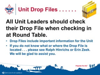 Unit Drop Files . . . . . .
All Unit Leaders should check
their Drop File when checking in
at Round Table.
• Drop Files include important information for the Unit
• If you do not know what or where the Drop File is
located . . . please see Ralph Hinrichs or Erin Zeek.
We will be glad to assist you.
 
