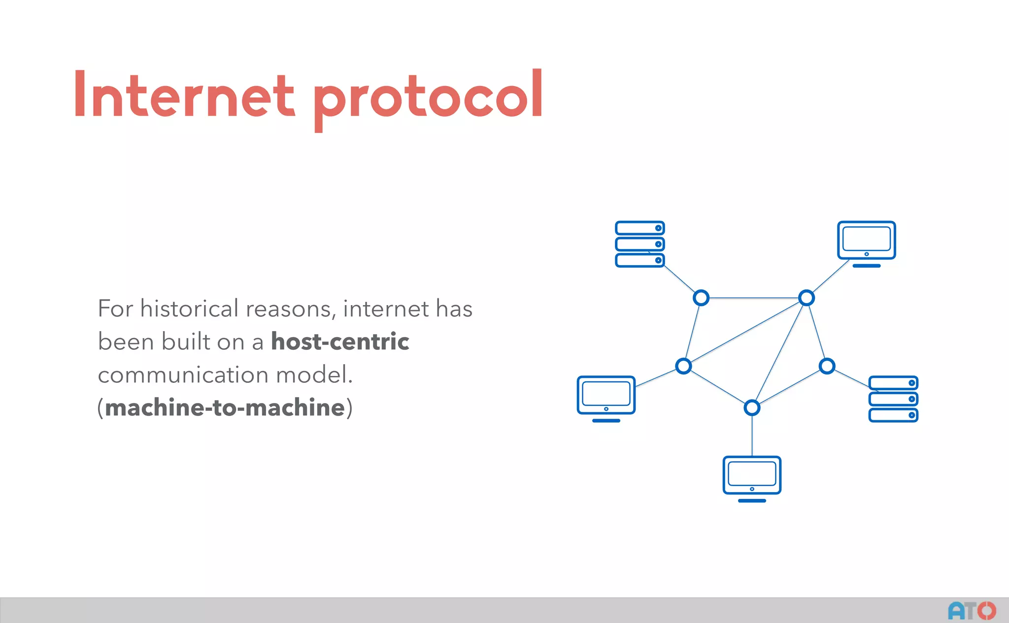 Internet protocol
For historical reasons, internet has
been built on a host-centric
communication model.
(machine-to-machine)
 