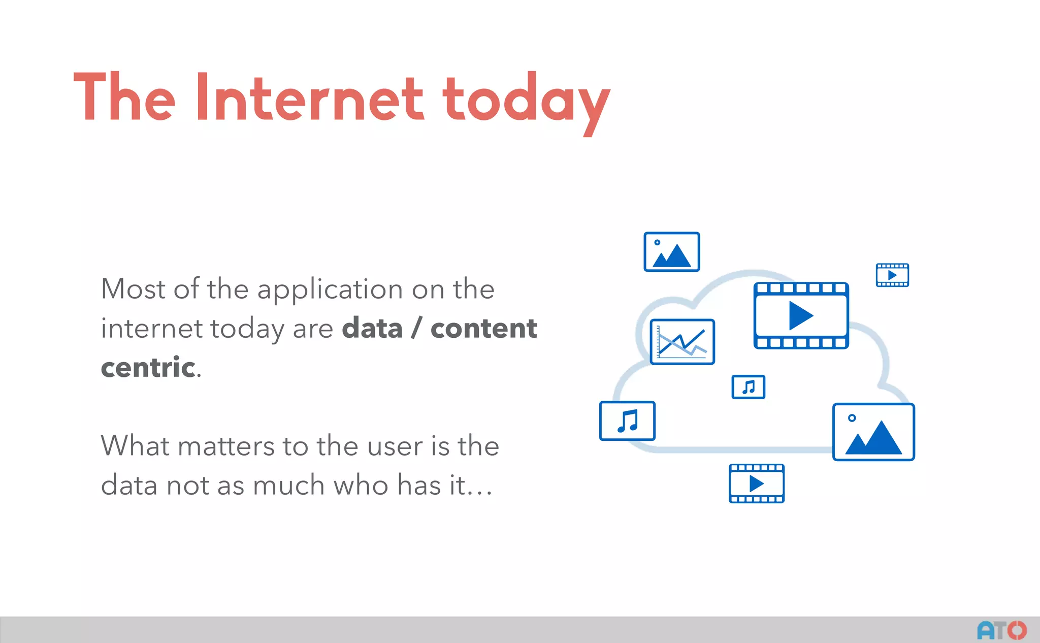 The Internet today
Most of the application on the
internet today are data / content
centric.
What matters to the user is the
data not as much who has it…
 