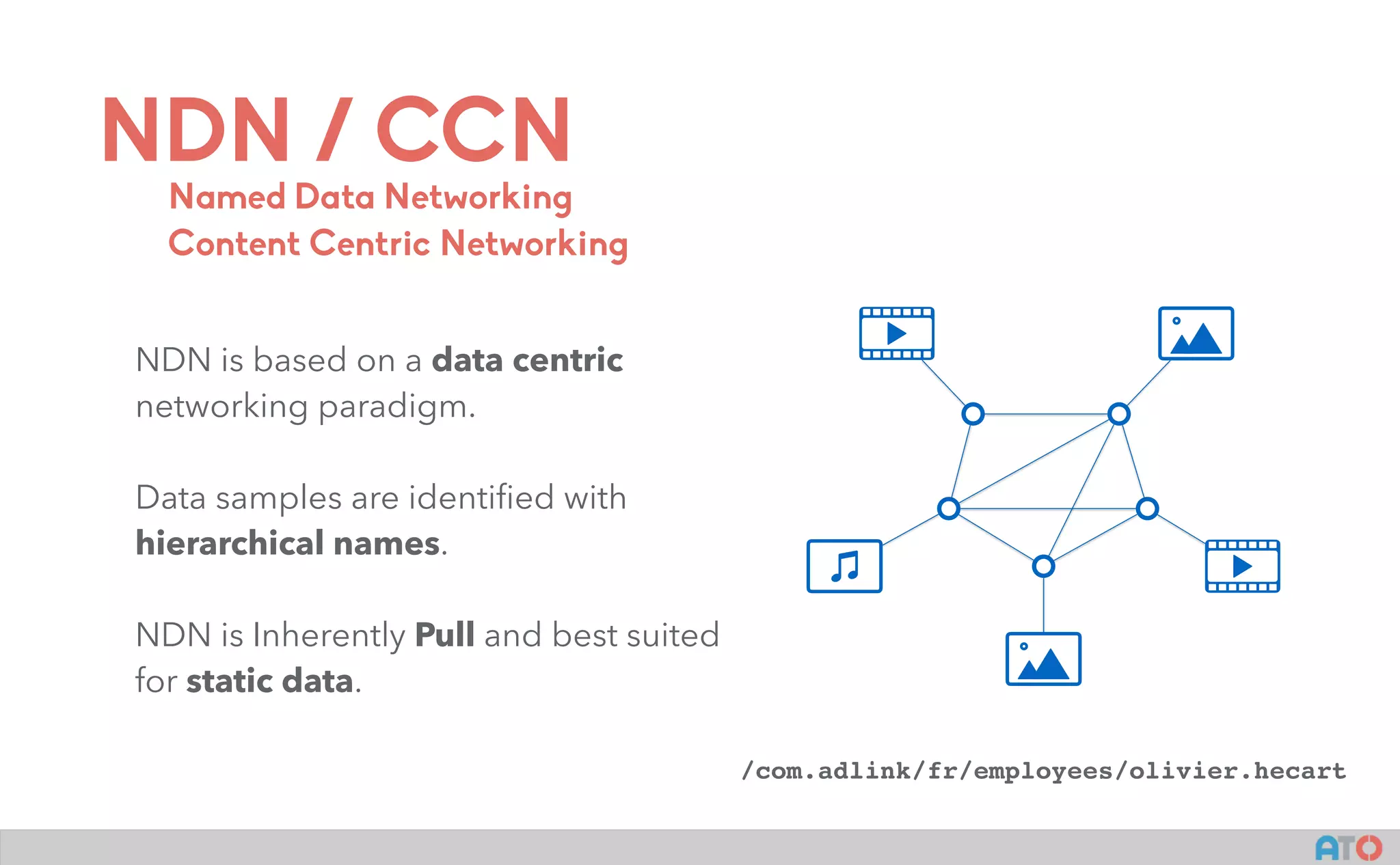 NDN / CCN
NDN is based on a data centric
networking paradigm.
Data samples are identiﬁed with
hierarchical names.
NDN is Inherently Pull and best suited
for static data.
Named Data Networking
Content Centric Networking
/com.adlink/fr/employees/olivier.hecart
 