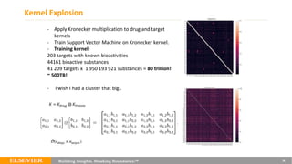 Kernel Explosion
24
- Apply Kronecker multiplication to drug and target
kernels
- Train Support Vector Machine on Kronecker kernel.
- Training kernel:
203 targets with known bioactivities
44161 bioactive substances
41 209 targets x 1 950 193 921 substances = 80 trillion!
~ 500TB!
- I wish I had a cluster that big..
 