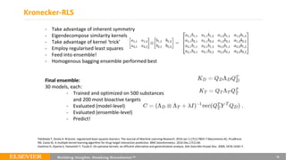 Kronecker-RLS
26
Pahikkala T, Airola A. RLScore: regularized least-squares learners. The Journal of Machine Learning Research. 2016 Jan 1;17(1):7803-7.Nascimento AC, Prudêncio
RB, Costa IG. A multiple kernel learning algorithm for drug-target interaction prediction. BMC bioinformatics. 2016 Dec;17(1):46.
Kashima H, Oyama S, Yamanishi Y, Tsuda K. On pairwise kernels: an efficient alternative and generalization analysis. Adv Data Min Knowl Disc. 2009; 5476:1030–7.
- Take advantage of inherent symmetry
- Eigendecompose similarity kernels
- Take advantage of kernel ‘trick’
- Employ regularised least squares
- Feed into ensemble!
- Homogenous bagging ensemble performed best
Final ensemble:
30 models, each:
- Trained and optimized on 500 substances
and 200 most bioactive targets
- Evaluated (model-level)
- Evaluated (ensemble-level)
- Predict!
 