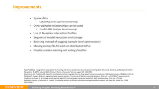 Improvements
27
 Sparse data
 CGKronRLS (Semi-superversied learning)
 Other pairwise relationships can be used
 KronRLS-MKL (Multiple kernel learning)
 Use of Guassian Interaction Profiles
 Sequential model execution and storage
 Boosting instead of bagging (sample level optimization)
 Making numpy/BLAS work on distributed GPUs
 Employ a meta-learning not voting classifier
Tapio Pahikkala. Fast gradient computation for learning with tensor product kernels and sparse training labels. Structural, Syntactic, and Statistical Pattern
Recognition (S+SSPR). volume 8621 of Lecture Notes in Computer Science, pages 123–132. 2014.
Nascimento AC, Prudêncio RB, Costa IG. A multiple kernel learning algorithm for drug-target interaction prediction. BMC bioinformatics. 2016 Dec;17(1):46.
Pahikkala T, Airola A. RLScore: regularized least-squares learners. The Journal of Machine Learning Research. 2016 Jan 1;17(1):7803-7.Nascimento AC,
Prudêncio RB, Costa IG. A multiple kernel learning algorithm for drug-target interaction prediction. BMC bioinformatics. 2016 Dec;17(1):46.
Kashima H, Oyama S, Yamanishi Y, Tsuda K. On pairwise kernels: an efficient alternative and generalization analysis. Adv Data Min Knowl Disc. 2009;
5476:1030–7.
 