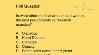 Poll Question:
In what other medical area should we run
the next pre-competitive research
exercise?
A. Oncology
B. Heart Disease
C. Diabetes
D. Obesity
E. Some other unmet need (send
 