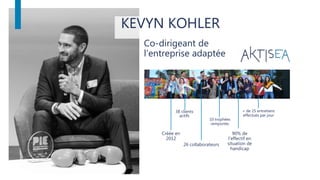 KEVYN KOHLER
Co-dirigeant de
l’entreprise adaptée
Créée en
2012
26 collaborateurs
38 clients
actifs
90% de
l’effectif en
situation de
handicap
10 trophées
remportés
+ de 25 entretiens
effectués par jour
 
