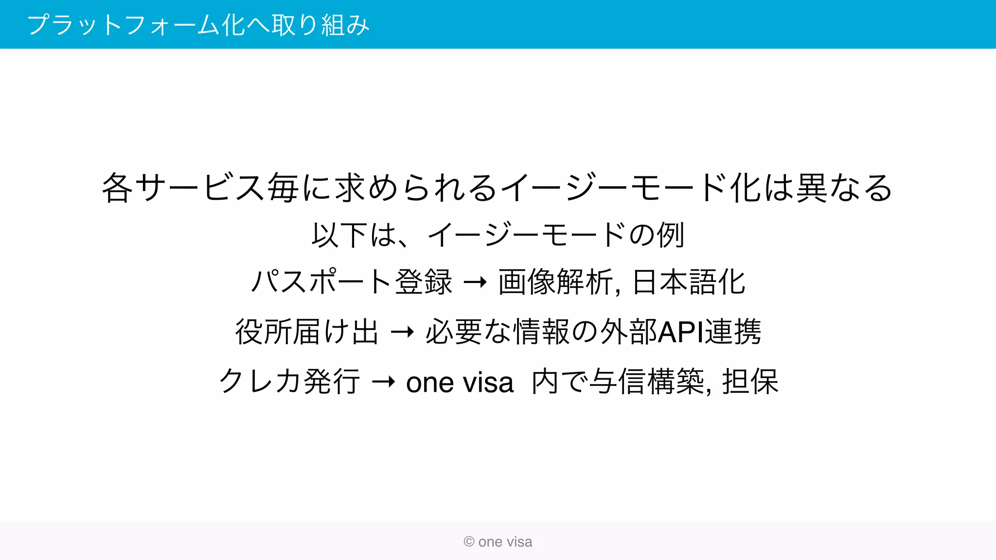 プラットフォーム化へ取り組み
各サービス毎に求められるイージーモード化は異なる
以下は、イージーモードの例
パスポート登録 → 画像解析, 日本語化
役所届け出 → 必要な情報の外部API連携
クレカ発行 → one visa 内で与信構築, 担保
© one visa
 