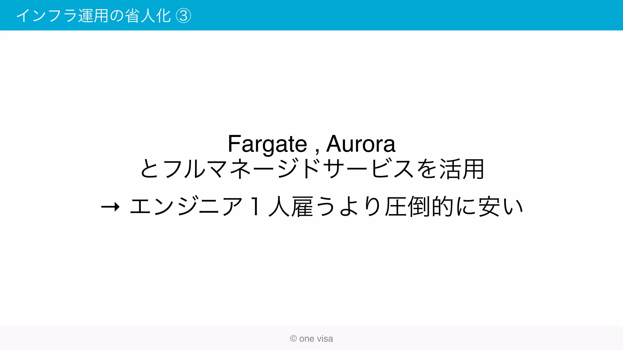 インフラ運用の省人化 ③
© one visa
Fargate , Aurora
とフルマネージドサービスを活用
→ エンジニア１人雇うより圧倒的に安い
 
