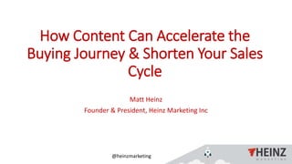 @heinzmarketing
How Content Can Accelerate the
Buying Journey & Shorten Your Sales
Cycle
Matt Heinz
Founder & President, Heinz Marketing Inc
 