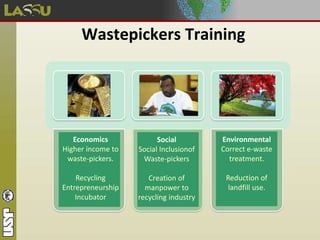 Wastepickers Training
Economics
Higher income to
waste-pickers.
Recycling
Entrepreneurship
Incubator
Social
Social Inclusionof
Waste-pickers
Creation of
manpower to
recycling industry
Environmental
Correct e-waste
treatment.
Reduction of
landfill use.
 
