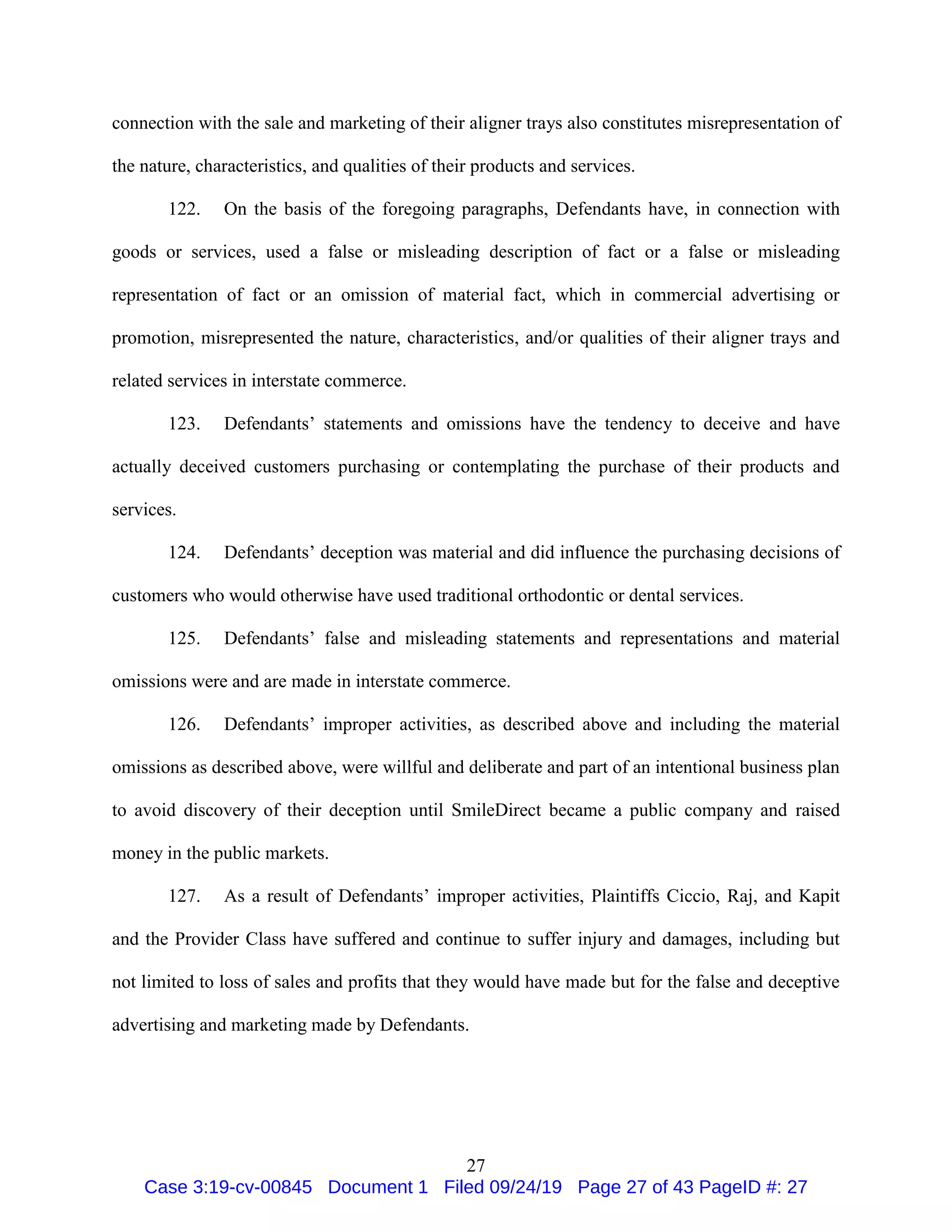 27
connection with the sale and marketing of their aligner trays also constitutes misrepresentation of
the nature, characteristics, and qualities of their products and services.
122. On the basis of the foregoing paragraphs, Defendants have, in connection with
goods or services, used a false or misleading description of fact or a false or misleading
representation of fact or an omission of material fact, which in commercial advertising or
promotion, misrepresented the nature, characteristics, and/or qualities of their aligner trays and
related services in interstate commerce.
123. Defendants’ statements and omissions have the tendency to deceive and have
actually deceived customers purchasing or contemplating the purchase of their products and
services.
124. Defendants’ deception was material and did influence the purchasing decisions of
customers who would otherwise have used traditional orthodontic or dental services.
125. Defendants’ false and misleading statements and representations and material
omissions were and are made in interstate commerce.
126. Defendants’ improper activities, as described above and including the material
omissions as described above, were willful and deliberate and part of an intentional business plan
to avoid discovery of their deception until SmileDirect became a public company and raised
money in the public markets.
127. As a result of Defendants’ improper activities, Plaintiffs Ciccio, Raj, and Kapit
and the Provider Class have suffered and continue to suffer injury and damages, including but
not limited to loss of sales and profits that they would have made but for the false and deceptive
advertising and marketing made by Defendants.
Case 3:19-cv-00845 Document 1 Filed 09/24/19 Page 27 of 43 PageID #: 27
 