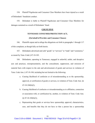 33
154. Plaintiff Nigohosian and Consumer Class Members have been injured as a result
of Defendants’ fraudulent conduct.
155. Defendant is liable to Plaintiff Nigohosian and Consumer Class Members for
damages sustained as a result of Defendants’ fraud.
COUNT FIVE
TENNESSEE CONSUMER PROTECTION ACT,
(On behalf of Provider and Consumer Classes)
166. Plaintiffs repeat and re-allege the allegations set forth in paragraphs 1 through 117
of this complaint, as though fully set forth herein.
167. Defendants advertised and sold “goods” or “services” in “trade” and “commerce,”
as meant by Tenn. Code § 47-18-103.
168. Defendants, operating in Tennessee, engaged in unlawful, unfair, and deceptive
acts and practices, misrepresentation, and the concealment, suppression, and omission of
material facts with respect to the sale and advertisement of goods and services in violation of
Tenn. Code Ann. § 47-18-104, including but not limited to the following:
a. Causing likelihood of confusion or of misunderstanding as to the sponsorship,
approval, or certification of goods or services, in violation of Tenn. Code Ann. §§
47-18-104(b)(2),
b. Causing likelihood of confusion or misunderstanding as to affiliation, connection
or association with, or certification by, another, in violation of Tenn. Code Ann.
§§ 47-18-104(b)(3);
c. Representing that goods or services have sponsorship, approval, characteristics,
uses, and benefits that they do not have or that a person has a sponsorship
Case 3:19-cv-00845 Document 1 Filed 09/24/19 Page 33 of 43 PageID #: 33
 
