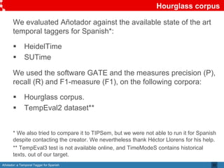 Añotador: a Temporal Tagger for Spanish
Hourglass corpus
We evaluated Añotador against the available state of the art
temporal taggers for Spanish*:
 HeidelTime
 SUTime
We used the software GATE and the measures precision (P),
recall (R) and F1-measure (F1), on the following corpora:
 Hourglass corpus.
 TempEval2 dataset**
* We also tried to compare it to TIPSem, but we were not able to run it for Spanish
despite contacting the creator. We nevertheless thank Héctor Llorens for his help.
** TempEval3 test is not available online, and TimeModeS contains historical
texts, out of our target.
22
 