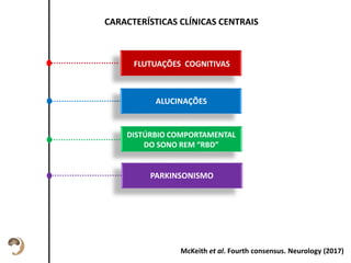CARACTERÍSTICAS CLÍNICAS CENTRAIS
Esta descrição pode
ser um pouco
maior, sem
problemas.
FLUTUAÇÕES COGNITIVAS
McKeith et al. Fourth consensus. Neurology (2017)
PARKINSONISMO
DISTÚRBIO COMPORTAMENTAL
DO SONO REM “RBD”
ALUCINAÇÕES
 