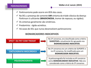 Texto de descrição
do item
PARKINSONISMO
 Parkinsonismo pode ocorre em 85% dos casos.
 Na DCL a presença de somente UM sintoma da tríade clássica da doença
Parkinson é suficiente (BRADICINESIA, tremor de repouso, ou rigidez).
 Os sintomas geralmente são simétricos.
 Predomínio: rígido-acinético.
 Há casos de DCL que nunca desenvolvem parkinsonismo
Walker et al. Lancet. (2015)
BIOMARCADORES INDICATIVOS
SPECT OU PET COM TRODAT
CINTILOGRAFIA MIOCÁRDICA
POLISSONOGRAFIA
No 3º consenso, era classificado como critério
SUGESTIVO e atualmente foi agrupado nos
BIOMARCADORES INDICATIVO.
No 3º consenso era um critério de SUPORTE e
no 4º consenso, foi modificado para um
BIOMARCADOR INDICATIVO.
A polissonografia foi incluída no 4º consórcio
como BIOMARCARDOR INDICATIVO. Não era
considerado como critério do 3º consenso.
 