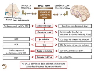 SPECTRUM
Perda neuronal na DP e DDP
Dopamina
Lewy body dementia
Dopamina
Normal
Substância negra
Corpos de Lewy Concentração de α-Syn no
neocórtex e sistema límbico (CA2/3)
β- amiloide
tau
DDP e DCL em relação à DPPerda colinérgicaNúcleo tegmental
pedunculopontino DDP
Receptor 5-HT1A No córtex DCL
DEMÊNCIA COM
CORPOS DE LEWY
DOENÇA DE
PARKINSON
Demência com Corpos de Lewy> <
DCL: carga no córtex e no striatumDDP
>
><
DCL: Carga no córtex e no striatum>DDP <
>
>DDP <
Na DCL a demência deve ocorrer antes ou até
1 ano dos sintomas de parkinsonismo
DOENÇA DE
CORPOS DE
LEWY
DDP DA
 