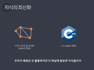 지식의최신화
다익스트라 알고리즘
(1959년 발표)
C++ 1983년 발표
우리가 배웠던 건 훌륭하지만 다 옛날에 발표한 지식들이다
 