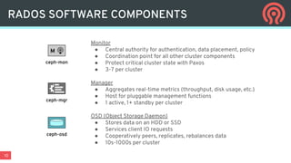10
RADOS SOFTWARE COMPONENTS
Monitor
● Central authority for authentication, data placement, policy
● Coordination point for all other cluster components
● Protect critical cluster state with Paxos
● 3-7 per cluster
Manager
● Aggregates real-time metrics (throughput, disk usage, etc.)
● Host for pluggable management functions
● 1 active, 1+ standby per cluster
OSD (Object Storage Daemon)
● Stores data on an HDD or SSD
● Services client IO requests
● Cooperatively peers, replicates, rebalances data
● 10s-1000s per cluster
ceph-mgr
ceph-osd
M
ceph-mon
 