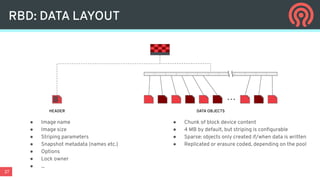 37
RBD: DATA LAYOUT
. . .
● Image name
● Image size
● Striping parameters
● Snapshot metadata (names etc.)
● Options
● Lock owner
● ...
● Chunk of block device content
● 4 MB by default, but striping is conﬁgurable
● Sparse: objects only created if/when data is written
● Replicated or erasure coded, depending on the pool
HEADER DATA OBJECTS
 