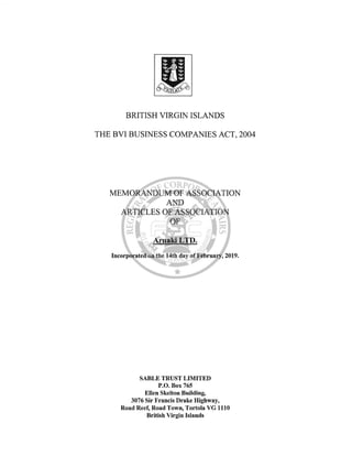 Arnaki Ltd BVI Memorandum & Articles of Association