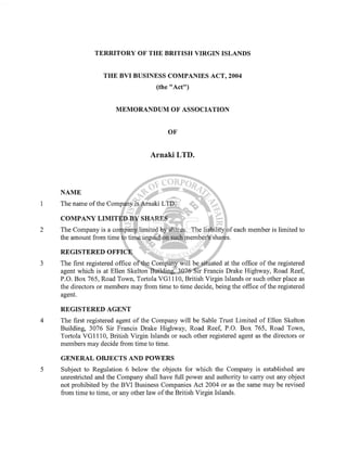 Arnaki Ltd BVI Memorandum & Articles of Association