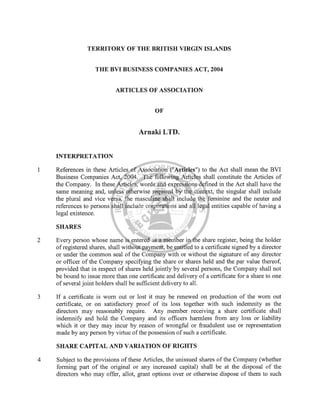 Arnaki Ltd BVI Memorandum & Articles of Association