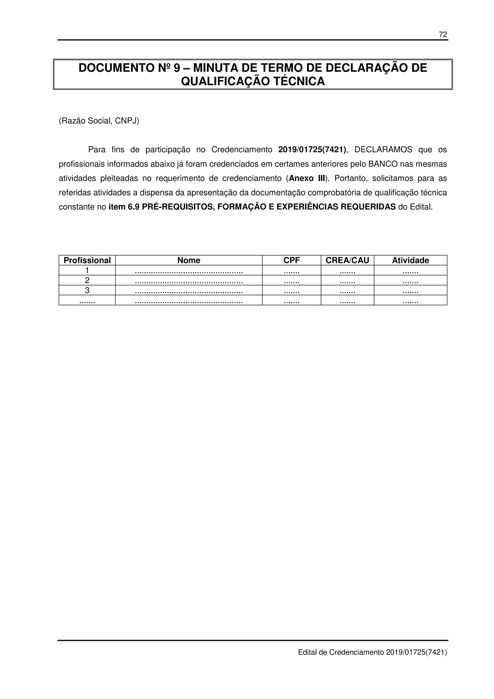 72
Edital de Credenciamento 2019/01725(7421)
DOCUMENTO Nº 9 – MINUTA DE TERMO DE DECLARAÇÃO DE
QUALIFICAÇÃO TÉCNICA
(Razão Social, CNPJ)
Para fins de participação no Credenciamento 2019/01725(7421), DECLARAMOS que os
profissionais informados abaixo já foram credenciados em certames anteriores pelo BANCO nas mesmas
atividades pleiteadas no requerimento de credenciamento (Anexo III). Portanto, solicitamos para as
referidas atividades a dispensa da apresentação da documentação comprobatória de qualificação técnica
constante no item 6.9 PRÉ-REQUISITOS, FORMAÇÃO E EXPERIÊNCIAS REQUERIDAS do Edital.
Profissional Nome CPF CREA/CAU Atividade
1 ............................................... ....... ....... .......
2 ............................................... ....... ....... .......
3 ............................................... ....... ....... .......
....... ............................................... ....... ....... .......
 