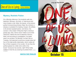 One of Us is Lying, by Karen McManus
Mystery, Realistic Fiction
On a Monday afternoon, five students walk into
detention: Bronwyn, the brain, is Yale-bound and
never breaks a rule; Addy, the beauty, is the picture-
perfect homecoming princess; Nate, the criminal, is
already on probation for dealing; Cooper, the athlete,
is the all-star baseball pitcher; and Simon, the
outcast, is the creator of Bayview High’s notorious
gossip app. Only, Simon never makes it out of that
classroom. Before the end of detention Simon's
dead, and according to investigators, his death
wasn’t an accident. On Monday, he died. But on
Tuesday, he’d planned to post juicy reveals about all
four of his high-profile classmates, which makes all
four of them suspects in his murder. Or are they the
perfect patsies for a killer who’s still on the
loose? Everyone has secrets, right? What really
matters is how far you would go to protect them. (adapted
from publisher)
WATCH THE TRAILER
October 15
 