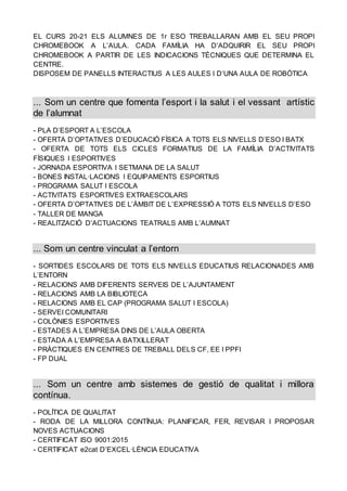 EL CURS 20-21 ELS ALUMNES DE 1r ESO TREBALLARAN AMB EL SEU PROPI
CHROMEBOOK A L’AULA. CADA FAMÍLIA HA D’ADQUIRIR EL SEU PROPI
CHROMEBOOK A PARTIR DE LES INDICACIONS TÈCNIQUES QUE DETERMINA EL
CENTRE.
DISPOSEM DE PANELLS INTERACTIUS A LES AULES I D’UNA AULA DE ROBÒTICA
... Som un centre que fomenta l’esport i la salut i el vessant artístic
de l’alumnat
- PLA D’ESPORT A L’ESCOLA
- OFERTA D’OPTATIVES D’EDUCACIÓ FÍSICA A TOTS ELS NIVELLS D’ESO I BATX
- OFERTA DE TOTS ELS CICLES FORMATIUS DE LA FAMÍLIA D’ACTIVITATS
FÍSIQUES I ESPORTIVES
- JORNADA ESPORTIVA I SETMANA DE LA SALUT
- BONES INSTAL·LACIONS I EQUIPAMENTS ESPORTIUS
- PROGRAMA SALUT I ESCOLA
- ACTIVITATS ESPORTIVES EXTRAESCOLARS
- OFERTA D’OPTATIVES DE L’ÀMBIT DE L’EXPRESSIÓ A TOTS ELS NIVELLS D’ESO
- TALLER DE MANGA
- REALITZACIÓ D’ACTUACIONS TEATRALS AMB L’AUMNAT
... Som un centre vinculat a l’entorn
- SORTIDES ESCOLARS DE TOTS ELS NIVELLS EDUCATIUS RELACIONADES AMB
L’ENTORN
- RELACIONS AMB DIFERENTS SERVEIS DE L’AJUNTAMENT
- RELACIONS AMB LA BIBLIOTECA
- RELACIONS AMB EL CAP (PROGRAMA SALUT I ESCOLA)
- SERVEI COMUNITARI
- COLÒNIES ESPORTIVES
- ESTADES A L’EMPRESA DINS DE L’AULA OBERTA
- ESTADA A L’EMPRESA A BATXILLERAT
- PRÀCTIQUES EN CENTRES DE TREBALL DELS CF, EE I PPFI
- FP DUAL
... Som un centre amb sistemes de gestió de qualitat i millora
contínua.
- POLÍTICA DE QUALITAT
- RODA DE LA MILLORA CONTÍNUA: PLANIFICAR, FER, REVISAR I PROPOSAR
NOVES ACTUACIONS
- CERTIFICAT ISO 9001:2015
- CERTIFICAT e2cat D’EXCEL·LÈNCIA EDUCATIVA
 